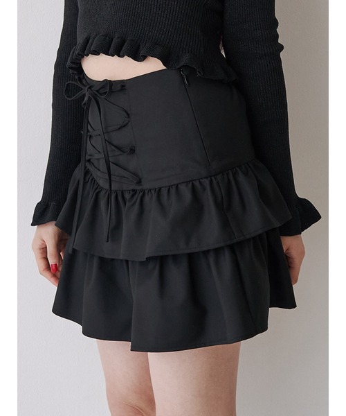 jouetie（ジュエティ）の「レースアップティアードミニスカパン【セットアップ対応】卒業式 入学式（スカート・レディース・ピンク/グレー/ネイビー/ブラック/ベージュ・MEDIUM）」の2枚目の写真