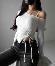 ※【 裏起毛 / カップ付 】サイドシャーリングリボンワンショルトップス / side shirring ribbon one shoulder tops