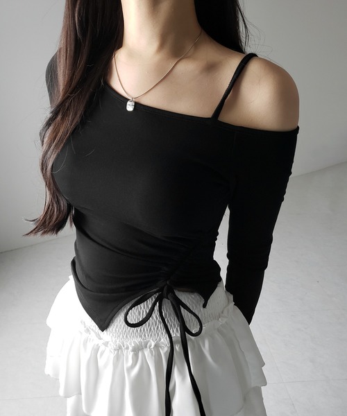 me+em select(ミームセレクト)の「※【 裏起毛 / カップ付 】サイドシャーリングリボンワンショルトップス / side shirring ribbon one shoulder tops(Tシャツ/カットソー・レディース・ホワイト/グレー/ブラック・FREE)」の17枚目の写真