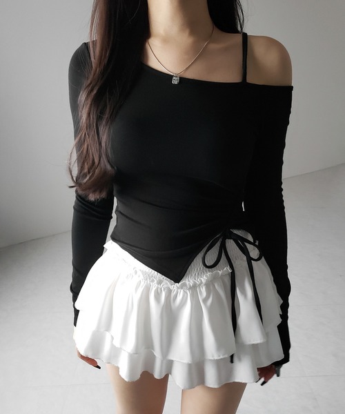 me+em select(ミームセレクト)の「※【 裏起毛 / カップ付 】サイドシャーリングリボンワンショルトップス / side shirring ribbon one shoulder tops(Tシャツ/カットソー・レディース・ホワイト/グレー/ブラック・FREE)」の18枚目の写真