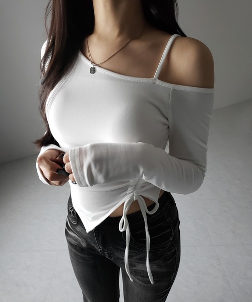 me+em select(ミームセレクト)の「※【 裏起毛 / カップ付 】サイドシャーリングリボンワンショルトップス / side shirring ribbon one shoulder tops(Tシャツ/カットソー・レディース・ホワイト/グレー/ブラック・FREE)」の7枚目の写真