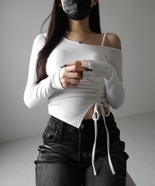 me+em select(ミームセレクト)の「※【 裏起毛 / カップ付 】サイドシャーリングリボンワンショルトップス / side shirring ribbon one shoulder tops(Tシャツ/カットソー・レディース・ホワイト/グレー/ブラック・FREE)」の14枚目の写真