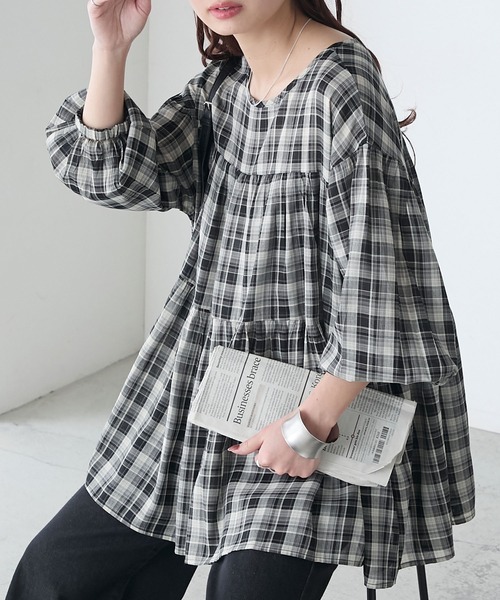BONLECILL(ボンルシール)の「2wayティアードギャザーコットンミニワンピース/チュニック(シャツ/ブラウス・レディース・ブラック/アイボリー/ブラック系/ブルー系・FREE)」の19枚目の写真