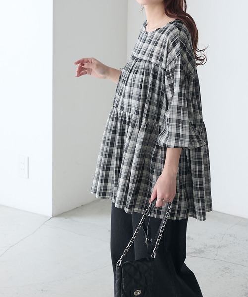 BONLECILL(ボンルシール)の「2wayティアードギャザーコットンミニワンピース/チュニック(シャツ/ブラウス・レディース・ブラック/アイボリー/ブラック系/ブルー系・FREE)」の21枚目の写真