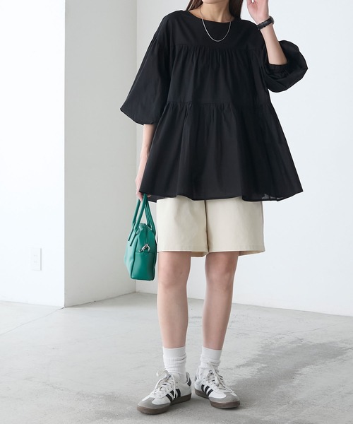 BONLECILL(ボンルシール)の「2wayティアードギャザーコットンミニワンピース/チュニック(シャツ/ブラウス・レディース・ブラック/アイボリー/ブラック系/ブルー系・FREE)」の14枚目の写真