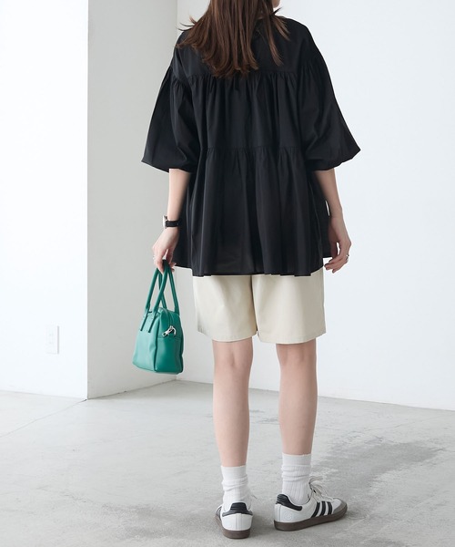 BONLECILL(ボンルシール)の「2wayティアードギャザーコットンミニワンピース/チュニック(シャツ/ブラウス・レディース・ブラック/アイボリー/ブラック系/ブルー系・FREE)」の16枚目の写真