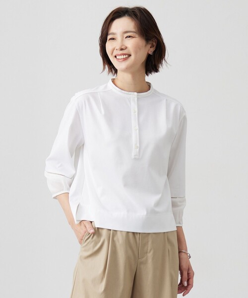 J.PRESS(ジェイプレス)の「【洗える】プレーティングジャージー バンドカラー カットソー(Tシャツ/カットソー・レディース・ホワイト系/ピンク系/サックスブルー系・MEDIUM/LARGE)」の1枚目の写真