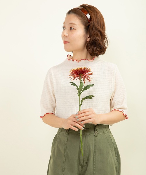 CHILD WOMAN 半袖シャツ グリーン系　DEAREST オーガニックブルーゼ メロー配色半袖プルオーバー（Tシャツ