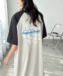 《FIRSTMOODコラボ》ラグラン配色オーバーサイズフラワープリントTシャツワンピース