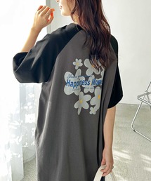 《FIRSTMOODコラボ》ラグラン配色オーバーサイズフラワープリントTシャツワンピース