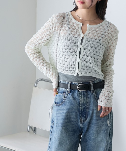 forksy.(フォルクシー)の「【forksy.】ぽこぽこ透かし編み シアーカーディガン(カーディガン/ボレロ・レディース・ブラック/オフホワイト/ミント・FREE)」の3枚目の写真