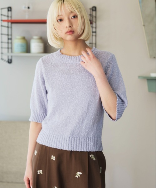 PILIT(ピリット)の「5分袖 ニットプルオーバー(ニット/セーター・レディース・ブラック/ピンク/オフホワイト/イエロー/パープル・MEDIUM)」の4枚目の写真