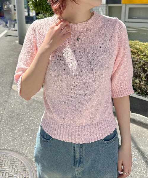PILIT(ピリット)の「5分袖 ニットプルオーバー(ニット/セーター・レディース・ブラック/ピンク/オフホワイト/イエロー/パープル・MEDIUM)」の5枚目の写真