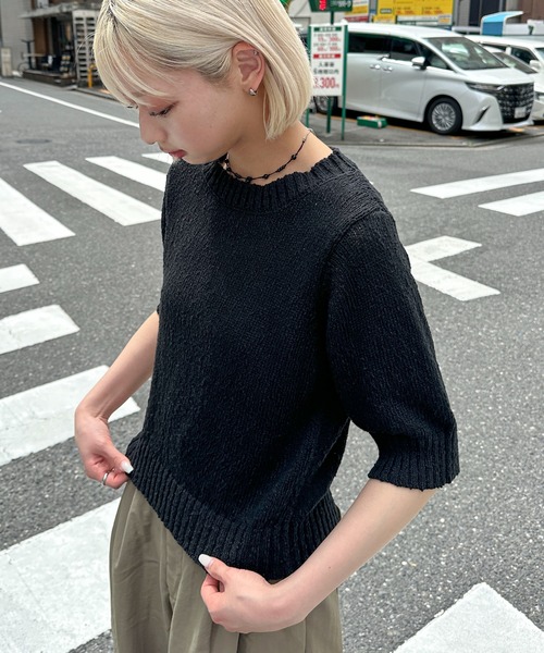 PILIT(ピリット)の「5分袖 ニットプルオーバー(ニット/セーター・レディース・ブラック/ピンク/オフホワイト/イエロー/パープル・MEDIUM)」の3枚目の写真