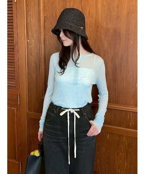 Mila Owen（ミラオーウェン）の「ウール混ヘンリーネックシアーロンT（Tシャツ/カットソー・レディース・ホワイト/イエロー/グレー/ブルー・0/1）」の3枚目の写真