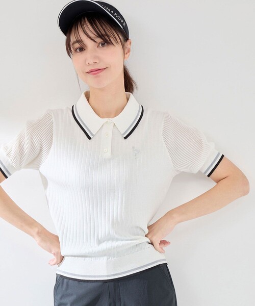 JUN&ROPE'（ジュンアンドロペ）の「編地コンビ使い５分袖ニットポロ（ポロシャツ・レディース・グリーン/ホワイト/ブラック・L/M/S）」の2枚目の写真