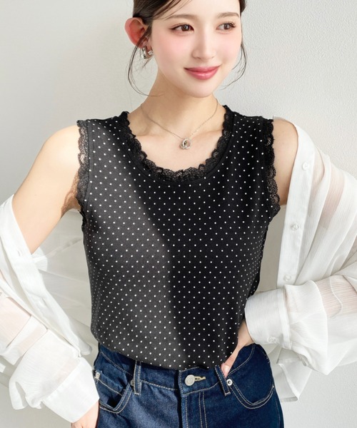 moment+(モーメントプラス)の「ドットプリント&無地テレコリブレースタンクトップ(タンクトップ・レディース・ブラック系その他/ホワイト系その他/グレー系その他/ブラック/アイボリー/杢グレー/ブルー系その他・M/L)」の4枚目の写真