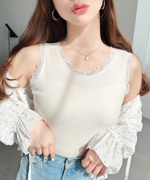 moment+(モーメントプラス)の「ドットプリント&無地テレコリブレースタンクトップ(タンクトップ・レディース・ブラック系その他/ホワイト系その他/グレー系その他/ブラック/アイボリー/杢グレー/ブルー系その他・M/L)」の1枚目の写真