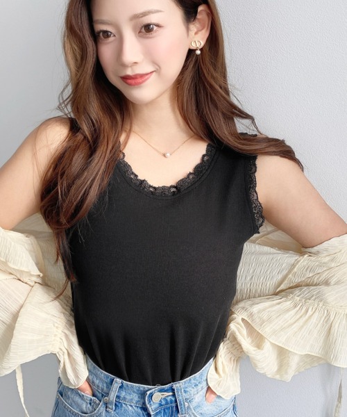 moment+(モーメントプラス)の「ドットプリント&無地テレコリブレースタンクトップ(タンクトップ・レディース・ブラック系その他/ホワイト系その他/グレー系その他/ブラック/アイボリー/杢グレー/ブルー系その他・M/L)」の3枚目の写真