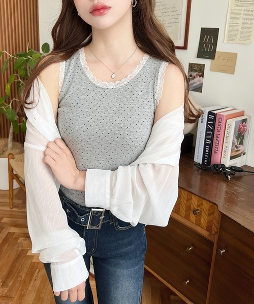 moment+(モーメントプラス)の「ドットプリント&無地テレコリブレースタンクトップ(タンクトップ・レディース・ブラック系その他/ホワイト系その他/グレー系その他/ブラック/アイボリー/杢グレー/ブルー系その他・M/L)」の11枚目の写真