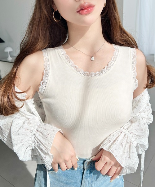 moment+(モーメントプラス)の「ドットプリント&無地テレコリブレースタンクトップ(タンクトップ・レディース・ブラック系その他/ホワイト系その他/グレー系その他/ブラック/アイボリー/杢グレー/ブルー系その他・M/L)」の13枚目の写真