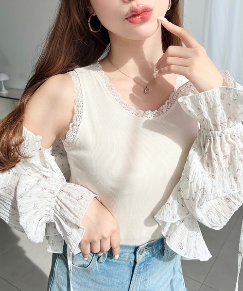 moment+(モーメントプラス)の「ドットプリント&無地テレコリブレースタンクトップ(タンクトップ・レディース・ブラック系その他/ホワイト系その他/グレー系その他/ブラック/アイボリー/杢グレー/ブルー系その他・M/L)」の14枚目の写真