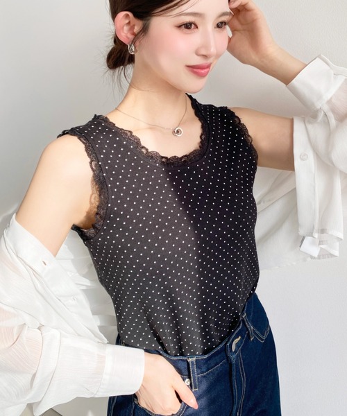 moment+(モーメントプラス)の「ドットプリント&無地テレコリブレースタンクトップ(タンクトップ・レディース・ブラック系その他/ホワイト系その他/グレー系その他/ブラック/アイボリー/杢グレー/ブルー系その他・M/L)」の21枚目の写真