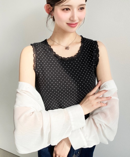 moment+(モーメントプラス)の「ドットプリント&無地テレコリブレースタンクトップ(タンクトップ・レディース・ブラック系その他/ホワイト系その他/グレー系その他/ブラック/アイボリー/杢グレー/ブルー系その他・M/L)」の22枚目の写真