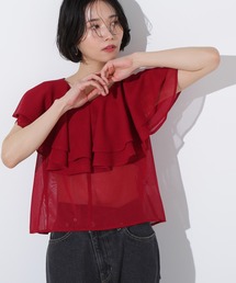 テキストプリント メッシュフリルちびトップス レディース LITHEE（リジー）】COOLMAXフリルメッシュトップス（ホワイト