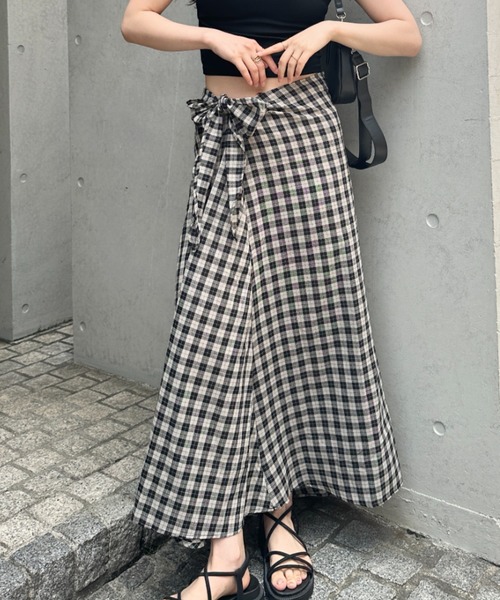 セール】ウエストリボンチェックロングスカート ラップスカート