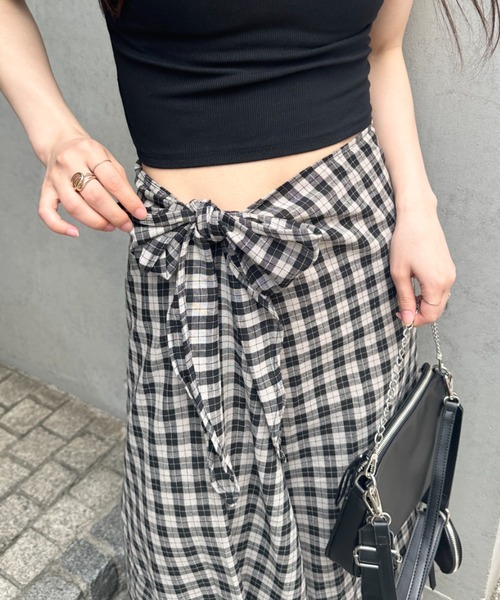 ✨美品✨カレンソロジー　チェックウエストリボンスカート　ロング　ハイウエスト　麻 Curensology（カレンソロジー）の「Curensology(カレンソロジー