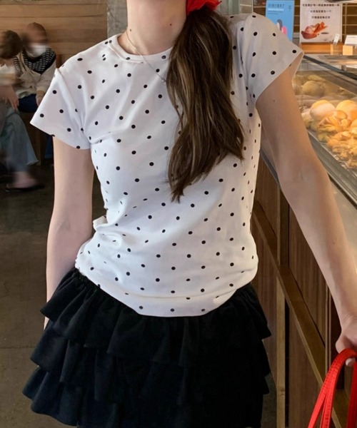 SHEPP（シープ）の「ドット タイト クロップド 半袖Tシャツ（Tシャツ/カットソー・レディース・グレー/ホワイト・M）」の4枚目の写真
