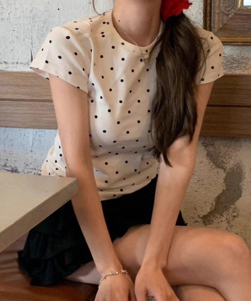 SHEPP（シープ）の「ドット タイト クロップド 半袖Tシャツ（Tシャツ/カットソー・レディース・グレー/ホワイト・M）」の6枚目の写真