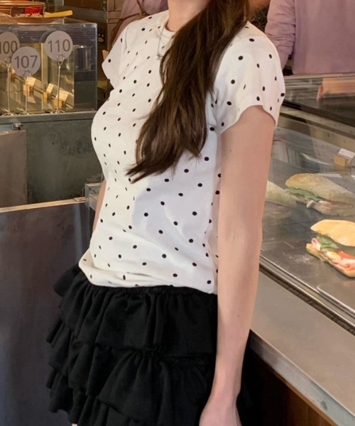 SHEPP（シープ）の「ドット タイト クロップド 半袖Tシャツ（Tシャツ/カットソー・レディース・グレー/ホワイト・M）」の13枚目の写真
