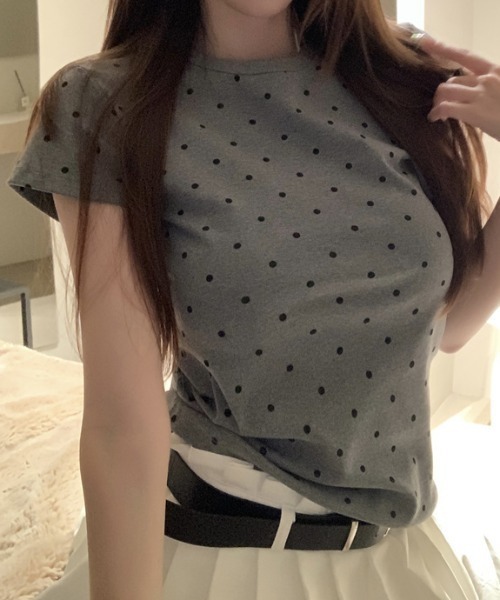 SHEPP（シープ）の「ドット タイト クロップド 半袖Tシャツ（Tシャツ/カットソー・レディース・グレー/ホワイト・M）」の10枚目の写真