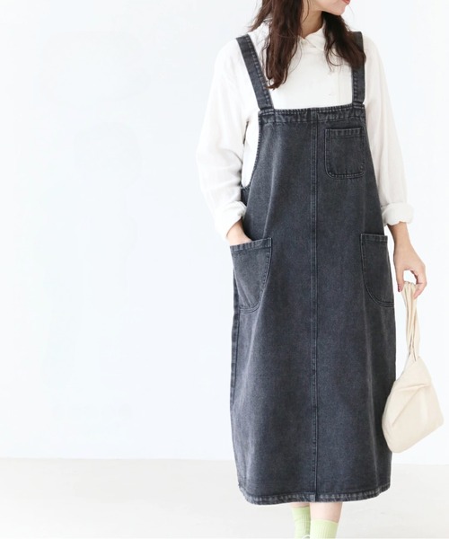 sanpo kuschel(サンポクシェル)の「楽を極めたデニムジャンスカ(ジャンパースカート・レディース・ブラック・LONG/MEDIUM)」の1枚目の写真