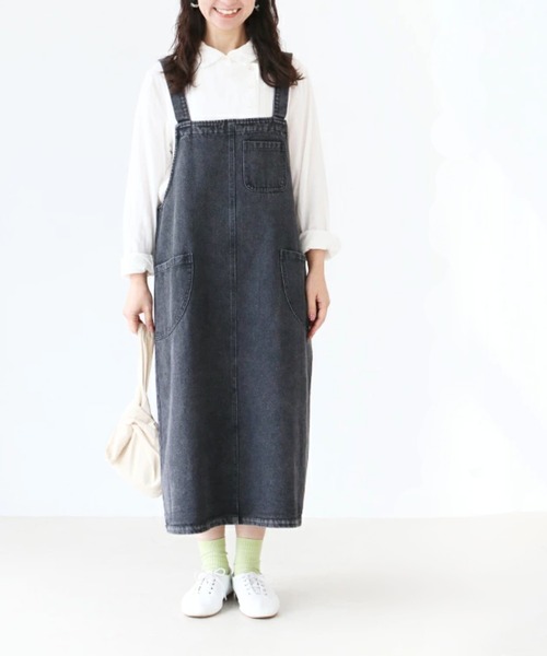 sanpo kuschel(サンポクシェル)の「楽を極めたデニムジャンスカ(ジャンパースカート・レディース・ブラック・LONG/MEDIUM)」の8枚目の写真