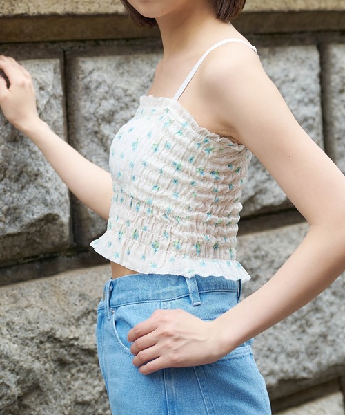 【希少】LISLISA ミントグリーン 小花柄 キャミソール セール】小花柄カップ付シャーリングキャミソール（キャミソール