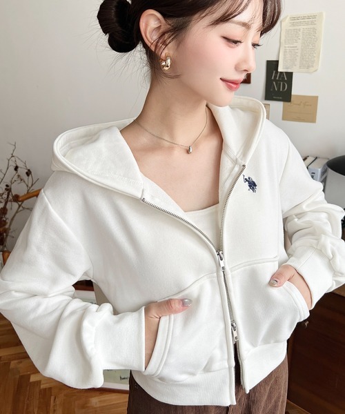 新品タグ付き♡ラルフローレン♡ボーダーショート丈パーカー　ワンポイント刺繍 セール】U.S.POLO ASSNワンポイント刺繍ダブルジップショートパーカー