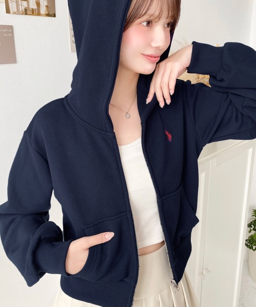 【US規格】希少 POLO 胸ロゴ刺繍 ジップパーカー ブルゾン ベージュ L U.S.POLO ASSNワンポイント刺繍ダブルジップショートパーカー[品番