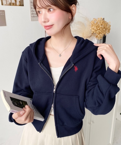 ポロ刺繍入りネイビーパーカー セール】U.S.POLO ASSN.ワンポイント刺繍ダブルジップショートパーカー