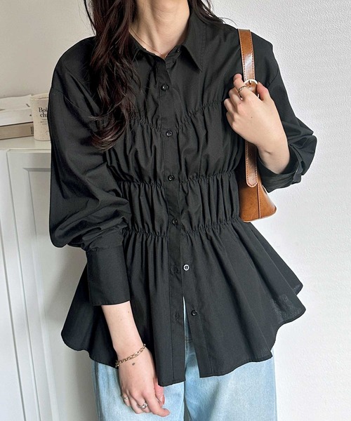 セール】ビスチェ見えペプラム裾シャーリングシャツ（シャツ/ブラウス