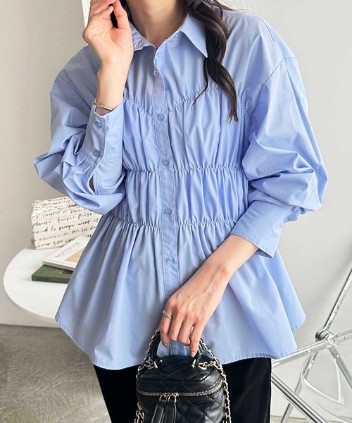GeeRA(ジーラ)の「ビスチェ見えペプラム裾シャーリングシャツ(シャツ/ブラウス・レディース・オフホワイト/ブルー/ブラック・MEDIUM/LARGE)」の14枚目の写真