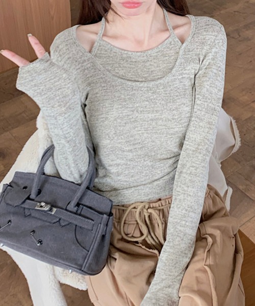 c.u.l(シーユーエル)の「レイヤード風 ホルターネック トップス カットソー culw842(Tシャツ/カットソー・レディース・ベージュ/ピンク・L/M)」の7枚目の写真