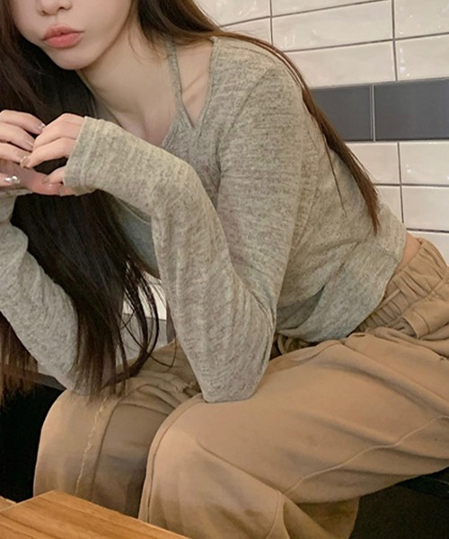 c.u.l(シーユーエル)の「レイヤード風 ホルターネック トップス カットソー culw842(Tシャツ/カットソー・レディース・ベージュ/ピンク・L/M)」の8枚目の写真