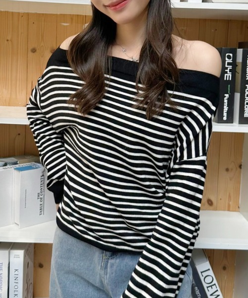 Ada.(エイダ)の「2WAY ボートネック ニット(ニット/セーター・レディース・ネイビー/ブラック×ホワイト/オフホワイト/ブラウン・FREE)」の11枚目の写真