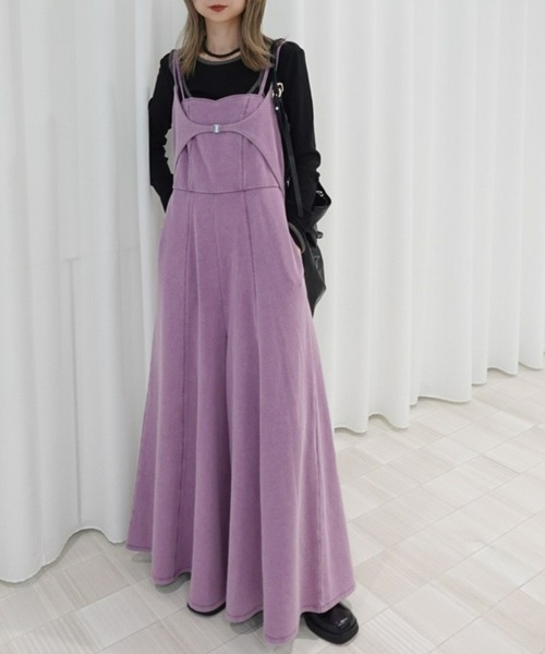 美品♡AMERI KARAMI RELAX ROMPERS カーキ ヴィンテージ DENIM LIKE VOLUME CAMI ROMPERS（つなぎ/オールインワン