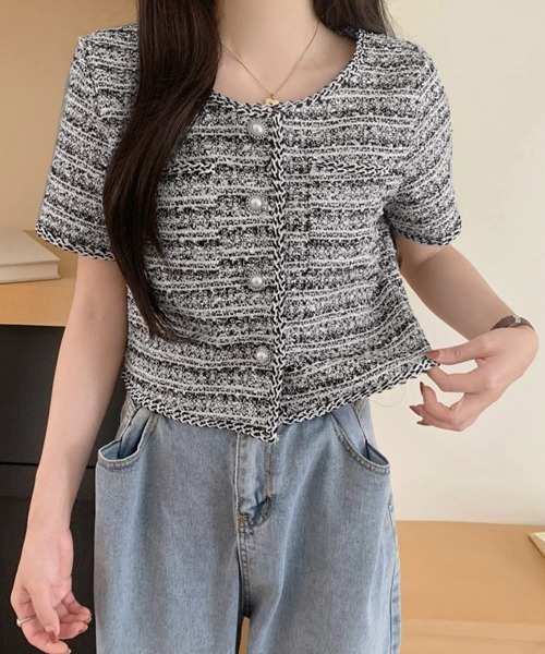 Miniministore(ミニミニストア)の「ツイード風ジャケットノーカラージャケット(その他アウター・レディース・ブラック/アイボリー/ライトブルー・M/L)」の6枚目の写真