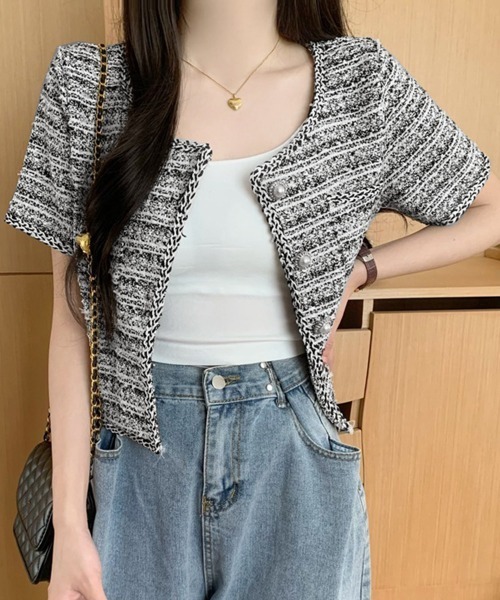Miniministore(ミニミニストア)の「ツイード風ジャケットノーカラージャケット(その他アウター・レディース・ブラック/アイボリー/ライトブルー・M/L)」の7枚目の写真