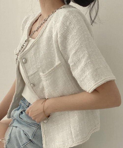 Miniministore(ミニミニストア)の「ツイード風ジャケットノーカラージャケット(その他アウター・レディース・ブラック/アイボリー/ライトブルー・M/L)」の9枚目の写真